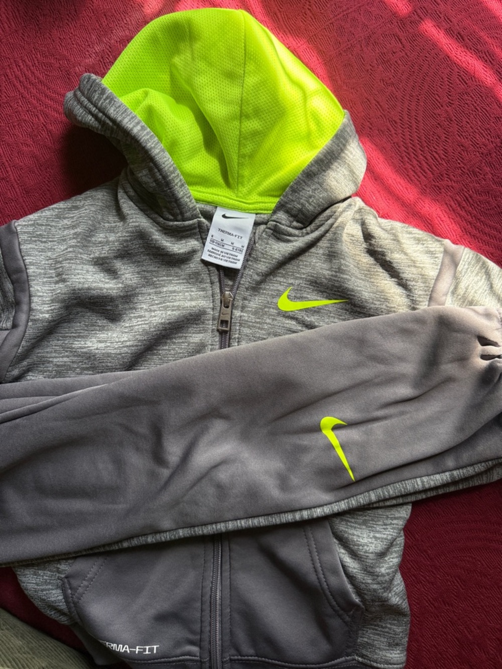 Nike Gray Kids' Hooded Tracksuit with Neon green Swoosh